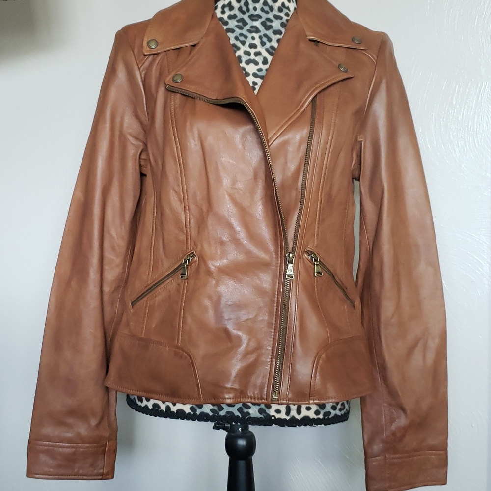 Guess Genuine Leather Distressed Moto Jacket Sz L
